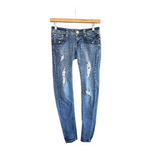 #842 L.A. Idol Women's Size 0 Distressed Skinny Jeans With Rhinestone Button